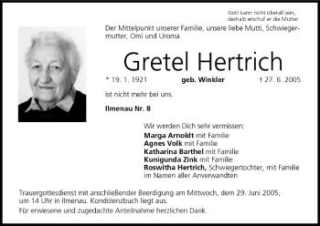 Anzeige von Gretel Hertrich von MGO