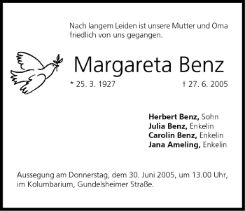 Anzeige von Margareta Benz von MGO