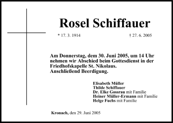 Anzeige von Rosel Schiffauer von MGO
