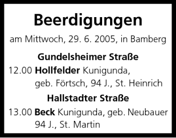 Anzeige von Beerdigungen vom 29.06.2005 von MGO