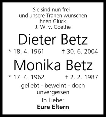 Anzeige von Dieter und Monika Betz von MGO