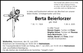 Anzeige von Berta Beierlorzer von MGO