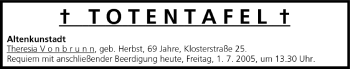 Anzeige von Totentafel vom 01.07.2005 von MGO