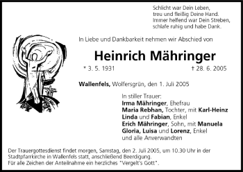 Anzeige von Heinrich Mähringer von MGO