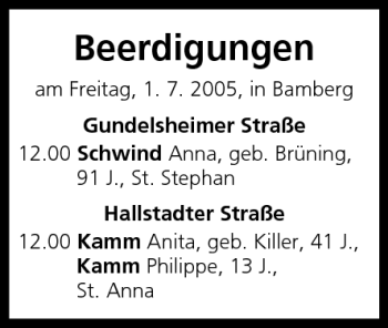 Anzeige von Beerdigungen vom 01.07.2005 von MGO