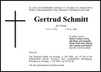 Anzeige von Gertrud Schmitt von MGO