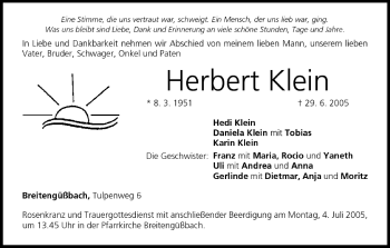 Anzeige von Herbert Klein von MGO