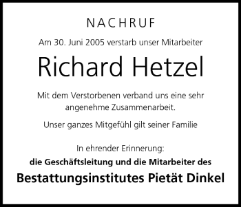 Anzeige von Richard Hetzel von MGO
