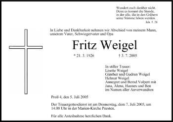 Anzeige von Fritz Weigel von MGO
