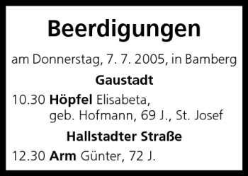 Anzeige von Beerdigungen vom 07.07.2005 von MGO