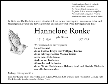 Anzeige von Hannelore Ronke von MGO