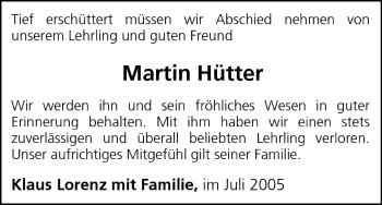 Anzeige von Martin Hütter von MGO