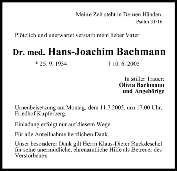 Anzeige von Hans-Joachim Bachmann von MGO