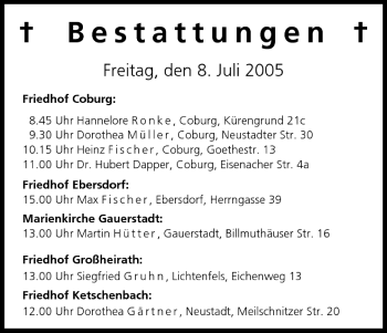 Anzeige von Bestattungen vom 08.07.2005 von MGO