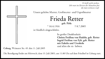 Anzeige von Frieda Retter von MGO