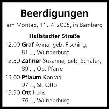 Anzeige von Beerdigungen vom 11.07.2005 von MGO