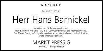 Anzeige von Hans Barnickel von MGO