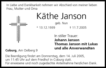 Anzeige von Käthe Janson von MGO