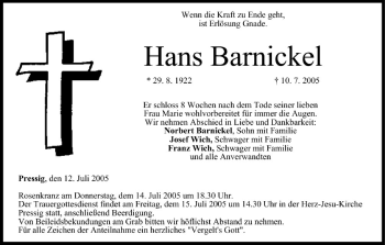 Anzeige von Hans Barnickel von MGO