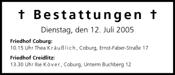 Anzeige von Bestattungen vom 12.07.2005 von MGO