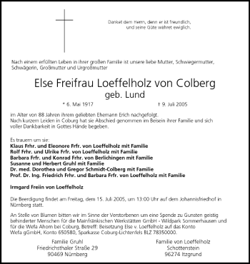Anzeige von Else Freifrau Loeffelholz von Colberg von MGO