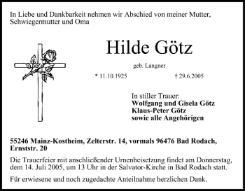 Anzeige von Hilde Götz von MGO