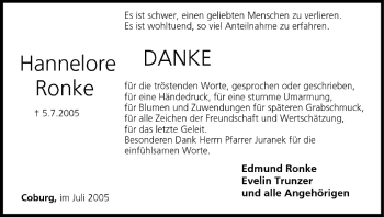 Anzeige von Hannelore Ronke von MGO