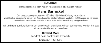 Anzeige von Hans Barnickel von MGO