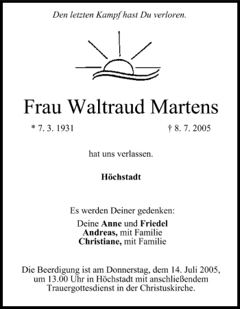 Anzeige von Waltraud Martens von MGO
