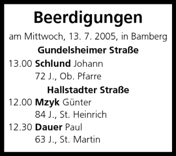 Anzeige von Beerdigungen vom 13.07.2005 von MGO