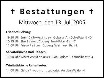 Anzeige von Bestattungen vom 13.07.2005 von MGO