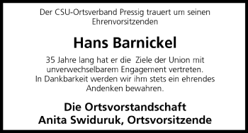 Anzeige von Hans Barnickel von MGO