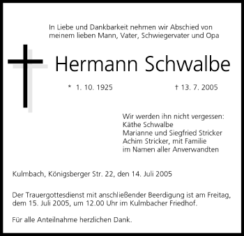 Anzeige von Hermann Schwalbe von MGO
