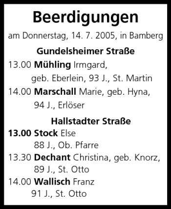 Anzeige von Beerdigungen vom 14.07.2005 von MGO