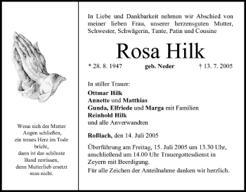 Anzeige von Rosa Hilk von MGO
