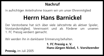 Anzeige von Hans Barnickel von MGO