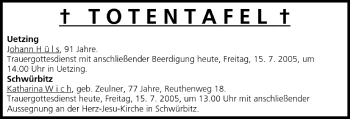 Anzeige von Totentafel vom 15.07.2005 von MGO