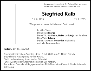 Anzeige von Siegfried Kalb von MGO