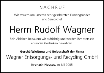 Anzeige von Rudolf Wagner von MGO