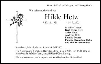 Anzeige von Hilde Hetz von MGO