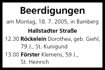 Anzeige von Beerdigungen vom 18.07.2005 von MGO