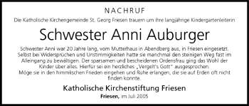 Anzeige von Anni Auburger von MGO