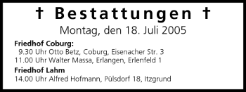 Anzeige von Bestattungen vom 18.07.2005 von MGO