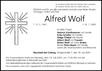 Anzeige von Alfred Wolf von MGO