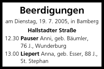 Anzeige von Beerdigungen vom 19.07.2005 von MGO