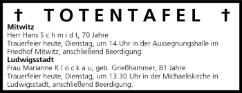 Anzeige von Totentafel vom 19.07.2005 von MGO