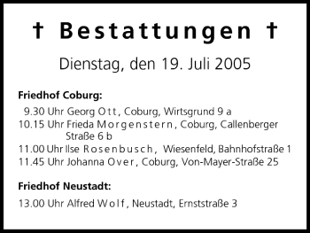 Anzeige von Bestattungen vom 19.07.2005 von MGO