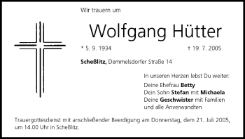 Anzeige von Wolfgang Hütter von MGO