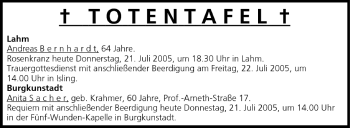 Anzeige von Totentafel vom 21.07.2005 von MGO