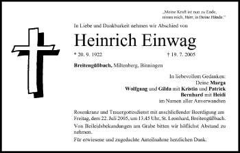 Anzeige von Heinrich Einwag von MGO
